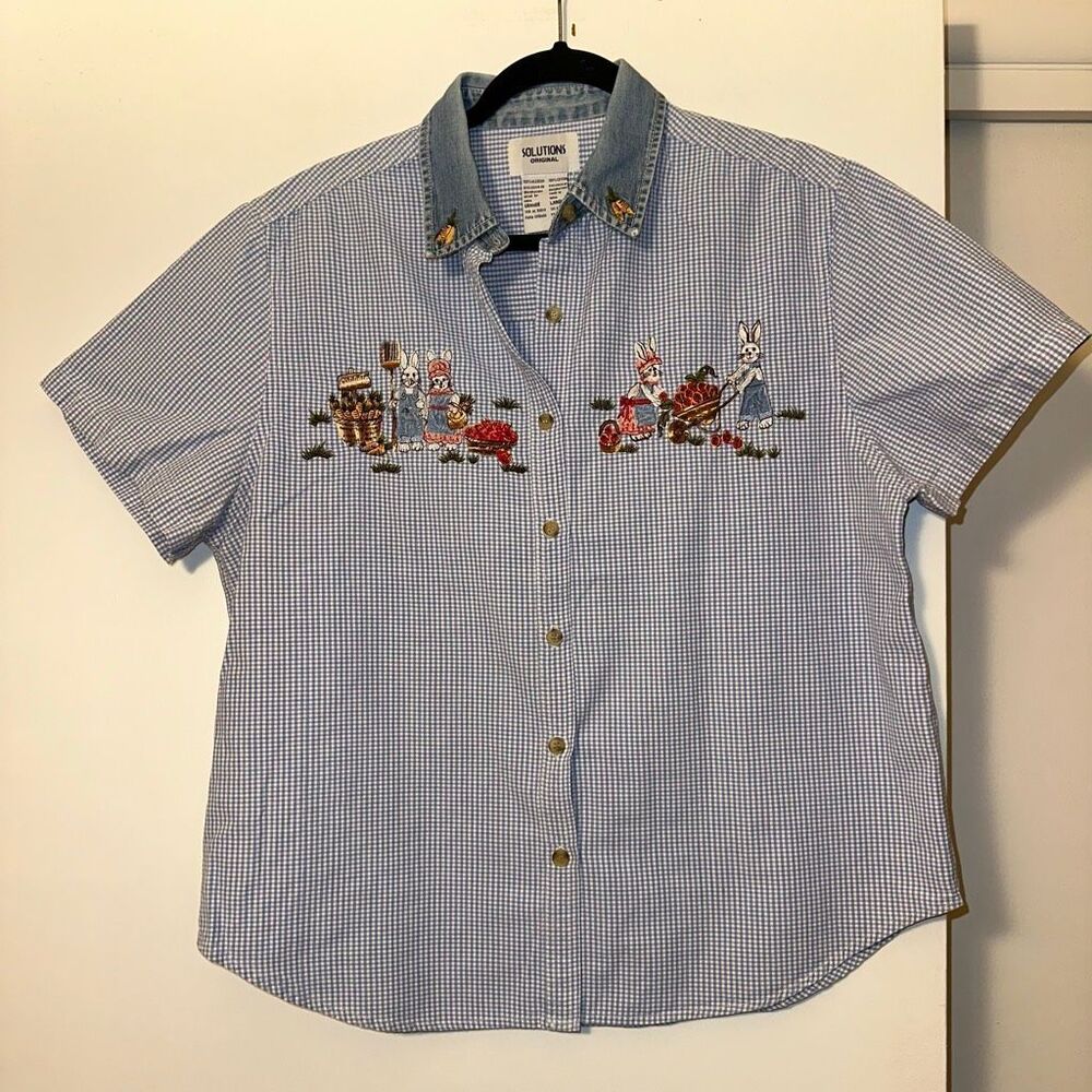 Solutions Originals Vintage Womens Large Easter Embroidered Plaid Button Shirt